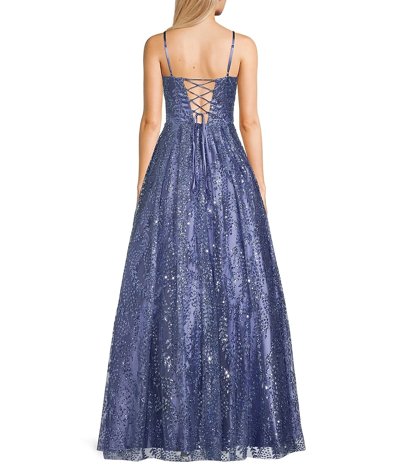 Blondie Nites Pattern Glitter Lace-Up Back Illusion Corset Ball Gown
