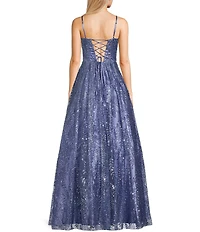 Blondie Nites Pattern Glitter Lace-Up Back Illusion Corset Ball Gown