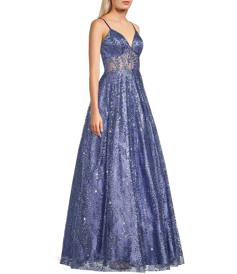 Blondie Nites Pattern Glitter Lace-Up Back Illusion Corset Ball Gown