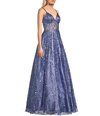Blondie Nites Pattern Glitter Lace-Up Back Illusion Corset Ball Gown