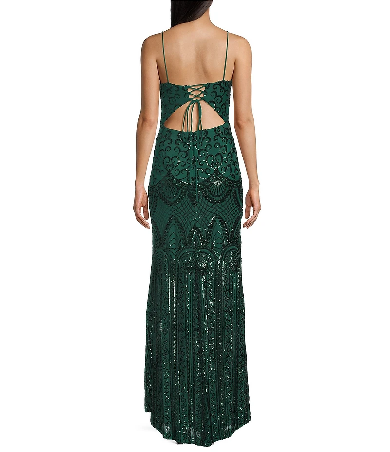 Blondie Nites Patterned Sequin Scoop Neck Sleeveless Tie Back Long Gown