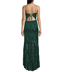 Blondie Nites Patterned Sequin Scoop Neck Sleeveless Tie Back Long Gown