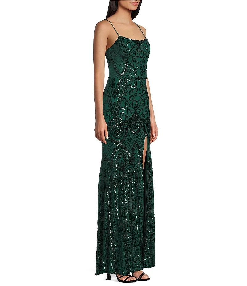 Blondie Nites Patterned Sequin Scoop Neck Sleeveless Tie Back Long Gown