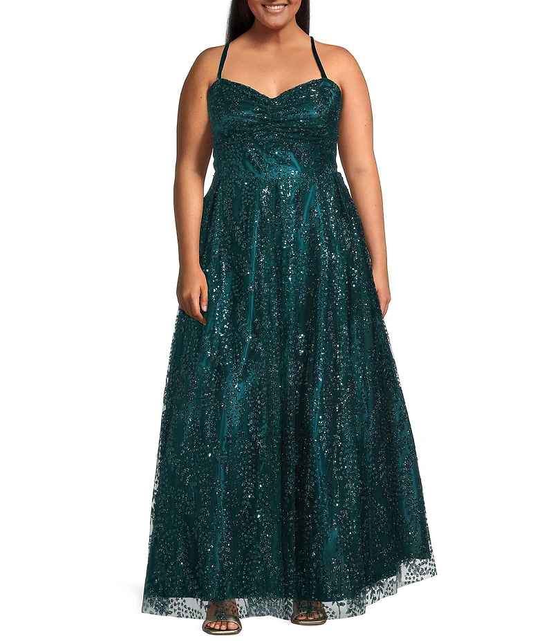 Blondie Nites Plus Size Glitter Pattern Sweetheart Neck Pinch Front Spaghetti Strap Tie Back Ballgown