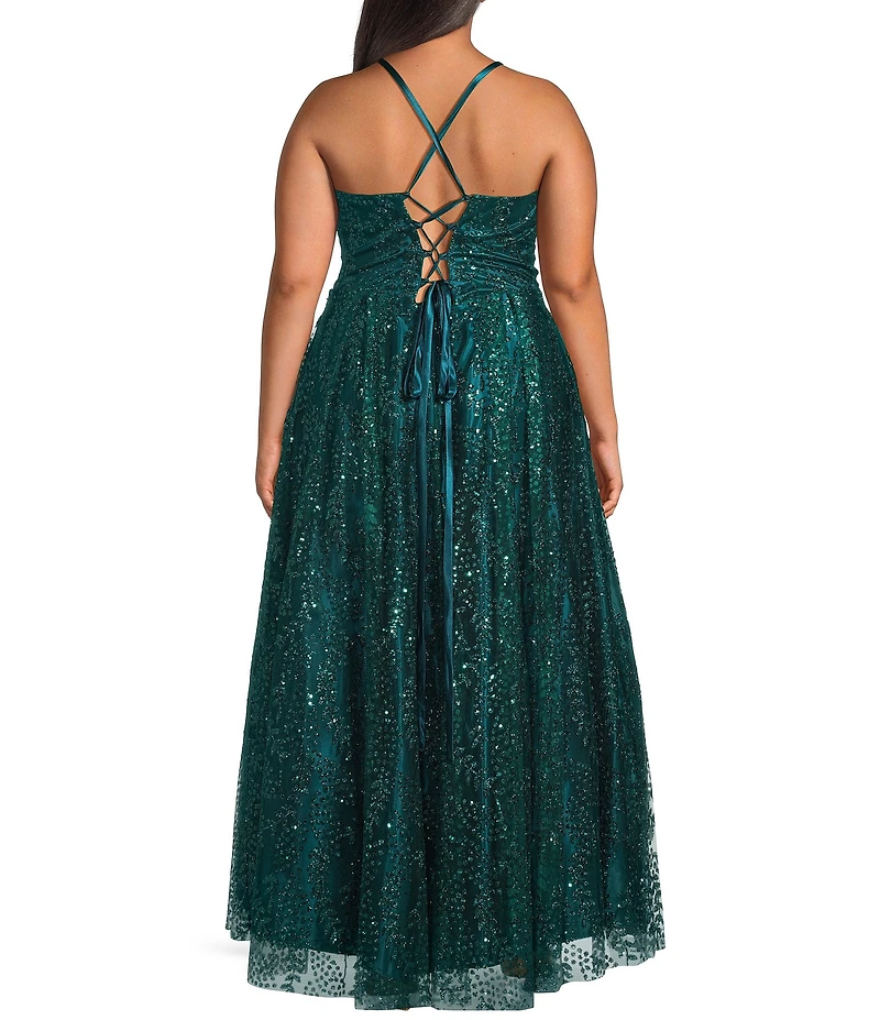 Blondie Nites Plus Size Glitter Pattern Sweetheart Neck Pinch Front Spaghetti Strap Tie Back Ballgown