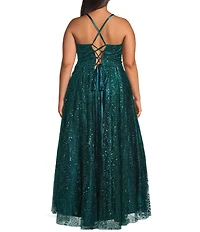 Blondie Nites Plus Size Glitter Pattern Sweetheart Neck Pinch Front Spaghetti Strap Tie Back Ballgown