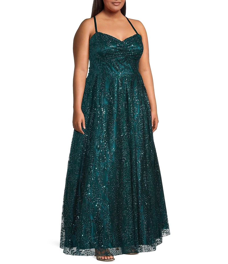 Blondie Nites Plus Size Glitter Pattern Sweetheart Neck Pinch Front Spaghetti Strap Tie Back Ballgown