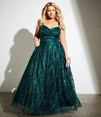 Blondie Nites Plus Size Glitter Pattern Sweetheart Neck Pinch Front Spaghetti Strap Tie Back Ballgown