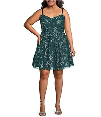 Blondie Nites Plus Size Glitter Pattern Mesh Illusion V-Neck Party Dress
