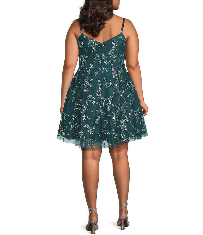 Blondie Nites Plus Size Glitter Pattern Mesh Illusion V-Neck Party Dress