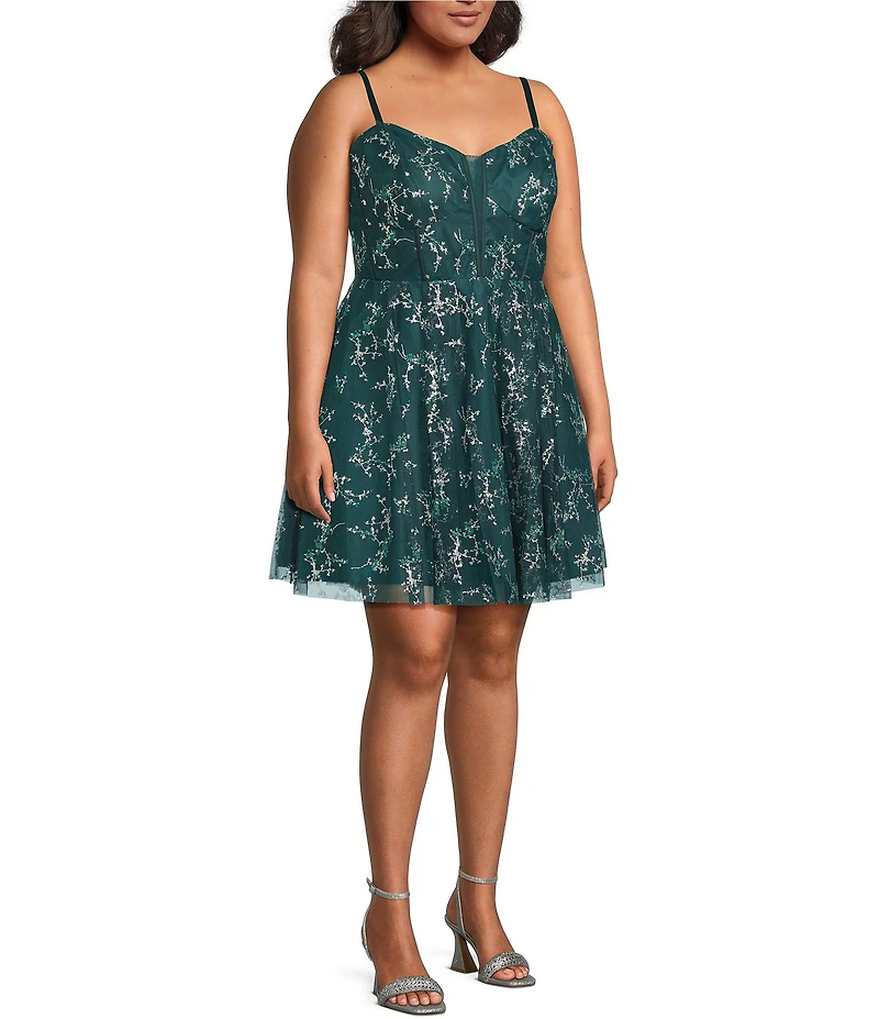 Blondie Nites Plus Size Glitter Pattern Mesh Illusion V-Neck Party Dress