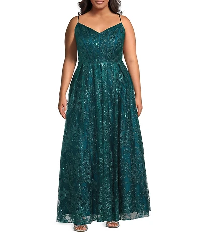 Blondie Nites Plus Size Glitter Patterned Corseted V-Neck Tie Back Dress