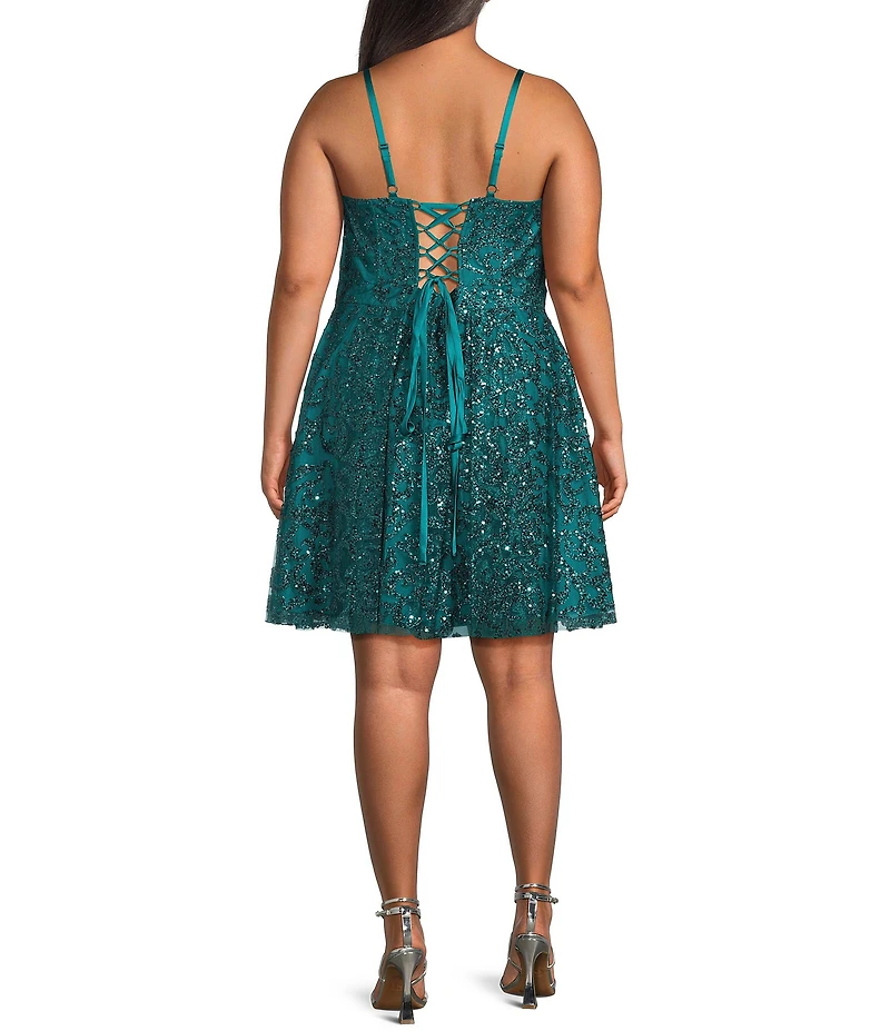 Blondie Nites Plus Size Glitter Patterned Scoop Neck Lace Up Tie Back Dress