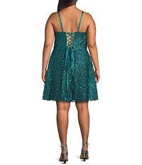 Blondie Nites Plus Size Glitter Patterned Scoop Neck Lace Up Tie Back Dress