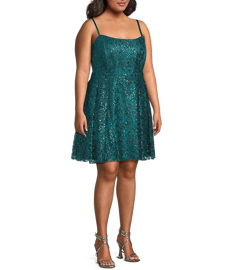 Blondie Nites Plus Size Glitter Patterned Scoop Neck Lace Up Tie Back Dress