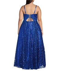 Blondie Nites Plus Size Glitter Patterned Scoop Neck Open Tie Back Pleated Long Dress