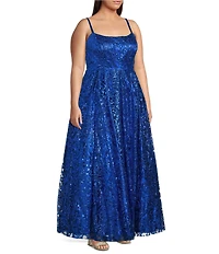 Blondie Nites Plus Size Glitter Patterned Scoop Neck Open Tie Back Pleated Long Dress