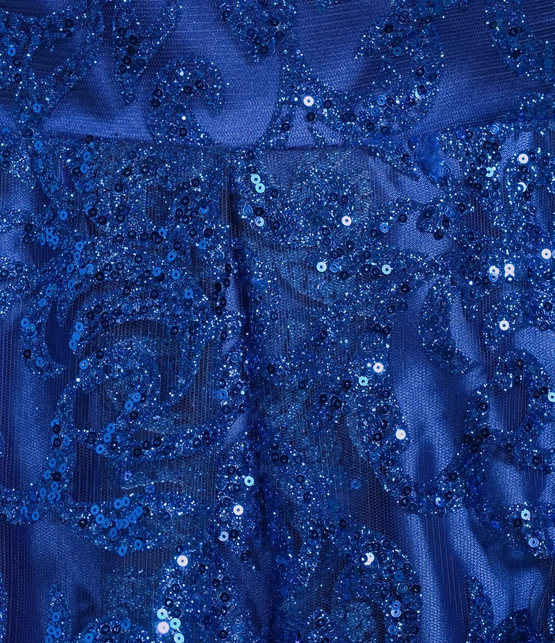 Blondie Nites Plus Size Glitter Patterned Scoop Neck Open Tie Back Pleated Long Dress