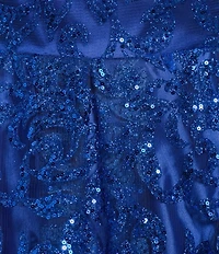 Blondie Nites Plus Size Glitter Patterned Scoop Neck Open Tie Back Pleated Long Dress