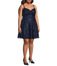 Blondie Nites Plus Size Sequin Glitter Patterned Pinch Front Lace Up Back A-Line Dress
