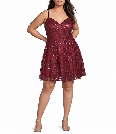 Blondie Nites Plus Size Sleeveless V-Neck Short Corset Glitter Sequin Pattern Party Dress
