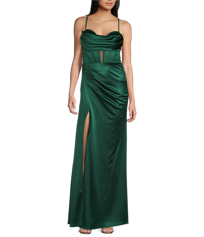Blondie Nites Power Sateen Drape Neck Spaghetti Straps Corset Lace Up Back Dress