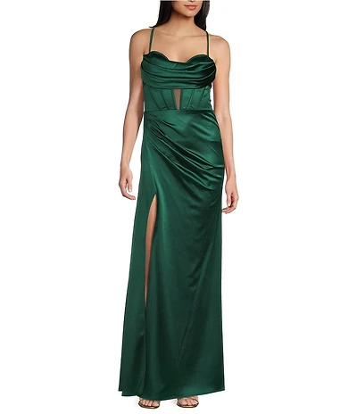 Blondie Nites Power Sateen Drape Neck Spaghetti Straps Corset Lace Up Back Dress