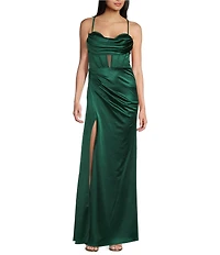 Blondie Nites Power Sateen Drape Neck Spaghetti Straps Corset Lace Up Back Dress