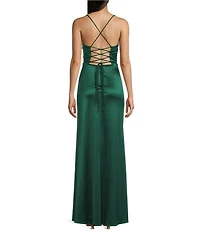 Blondie Nites Power Sateen Drape Neck Spaghetti Straps Corset Lace Up Back Dress