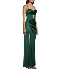 Blondie Nites Power Sateen Drape Neck Spaghetti Straps Corset Lace Up Back Dress
