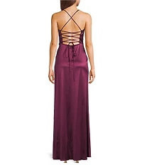 Blondie Nites Power Sateen Drape Neck Spaghetti Straps Corset Lace Up Back Long Dress