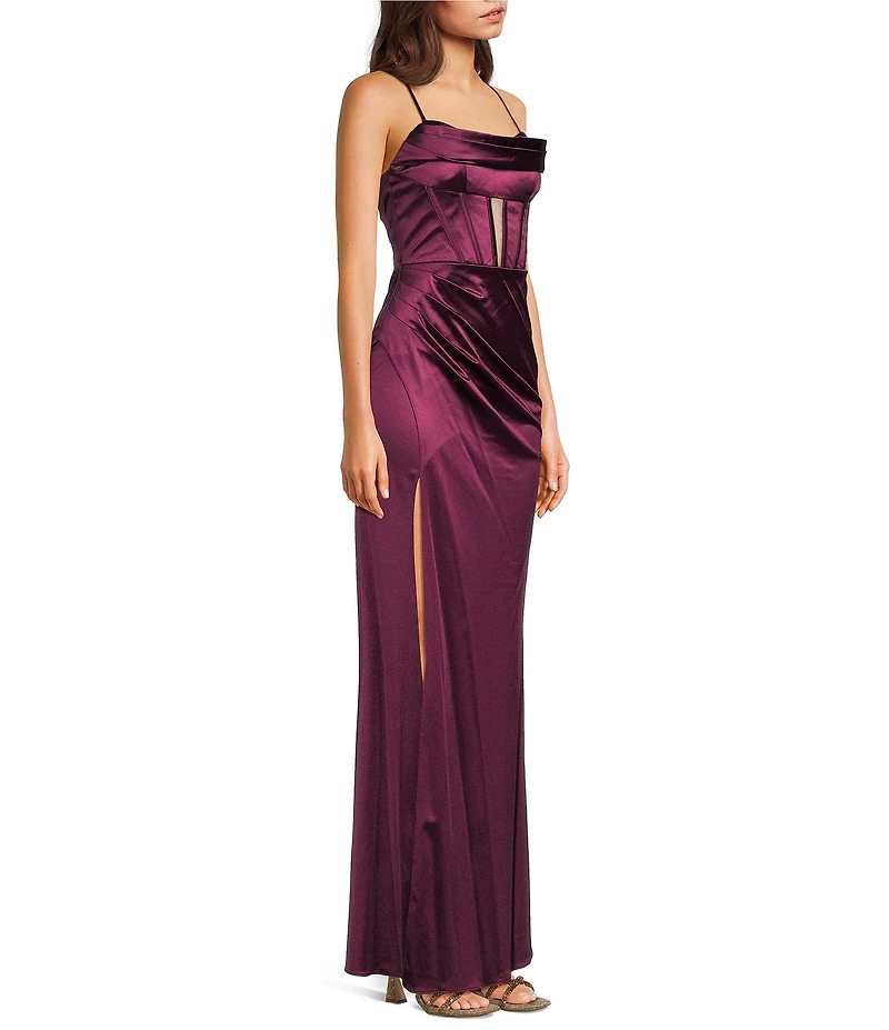 Blondie Nites Power Sateen Drape Neck Spaghetti Straps Corset Lace Up Back Long Dress