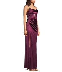 Blondie Nites Power Sateen Drape Neck Spaghetti Straps Corset Lace Up Back Long Dress