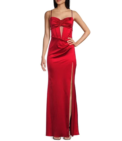 Blondie Nites Power Sateen Pinch Neckline Spaghetti Strap Keyhole Corset Dress
