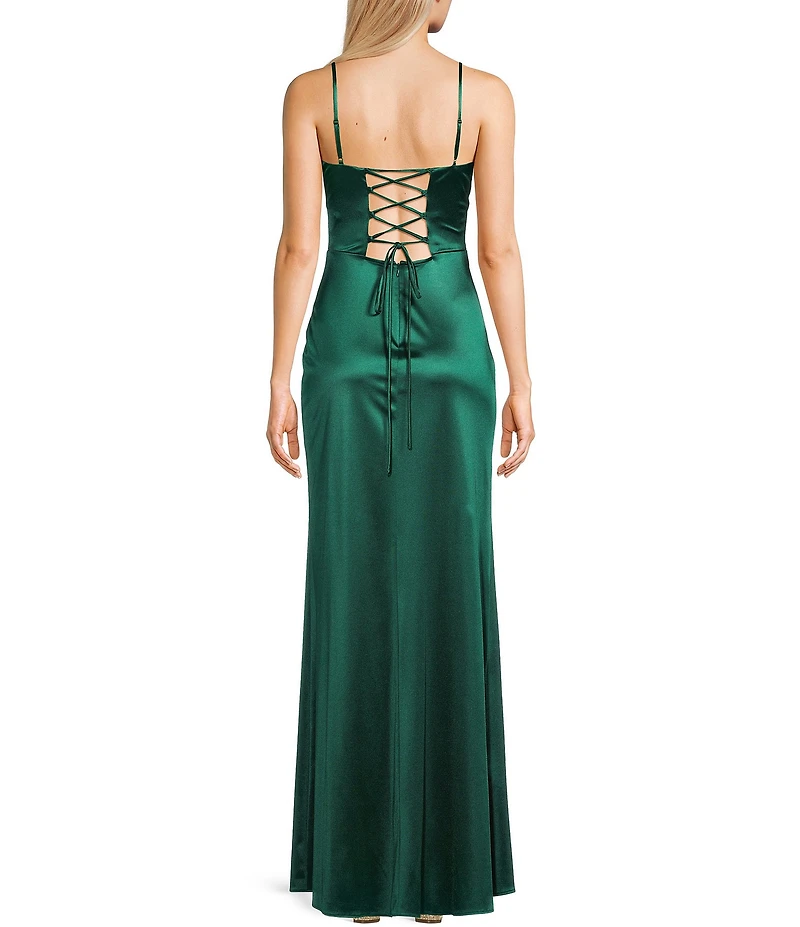 Blondie Nites Power Sateen Pinch Neckline Spaghetti Strap Keyhole Corset Dress