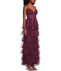 Blondie Nites Printed Mesh Tiered Ruffle Ballgown