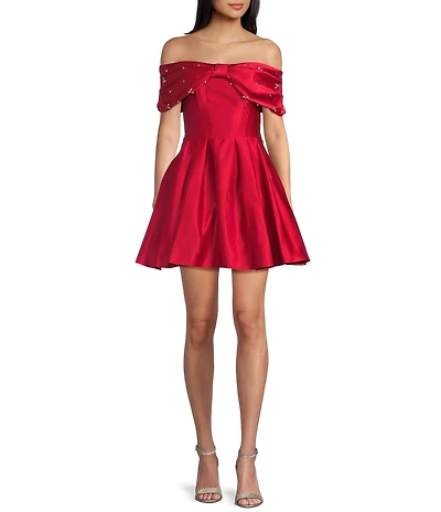 Blondie Nites Rhinestone Studded Satin Off-The-Shoulder Bow Party Dress