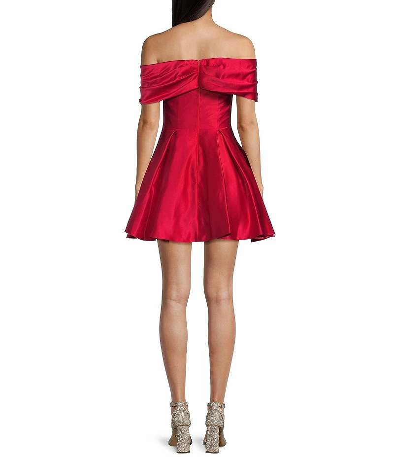 Blondie Nites Rhinestone Studded Satin Off-The-Shoulder Bow Party Dress