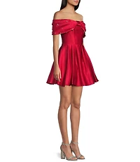 Blondie Nites Rhinestone Studded Satin Off-The-Shoulder Bow Party Dress