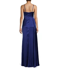 Blondie Nites Sateen Embellished Side Sash Front Slit Gown
