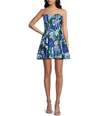Blondie Nites Satin Floral Printed Strapless Mini Dress