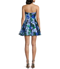 Blondie Nites Satin Floral Printed Strapless Mini Dress