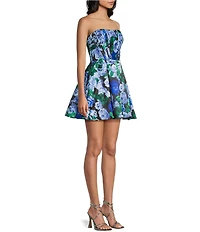 Blondie Nites Satin Floral Printed Strapless Mini Dress