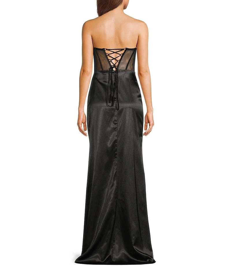 Blondie Nites Satin Illusion Applique Strapless Corset Pleated Tie Back Gown
