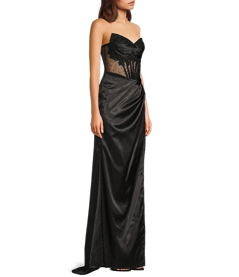 Blondie Nites Satin Illusion Applique Strapless Corset Pleated Tie Back Gown