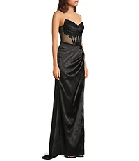 Blondie Nites Satin Illusion Applique Strapless Corset Pleated Tie Back Gown