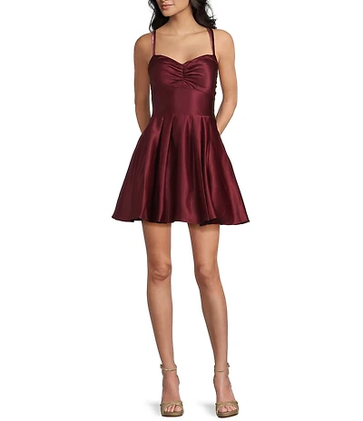 Blondie Nites Satin Pinch Front Tie Back Fit-And-Flare Dress