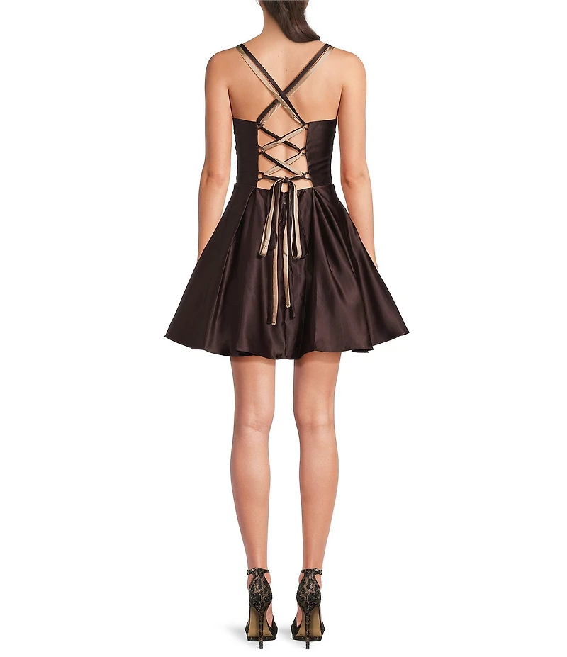 Blondie Nites Satin Pinch Front Tie Back Fit-And-Flare Dress
