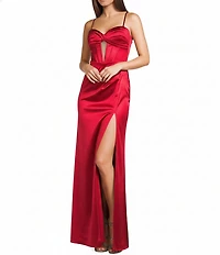 Blondie Nites Satin Pleated Twist Front Illusion Corseted Side Slit Dress