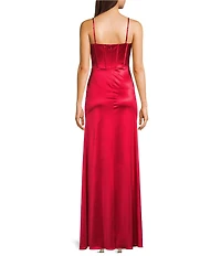 Blondie Nites Satin Pleated Twist Front Illusion Corseted Side Slit Dress